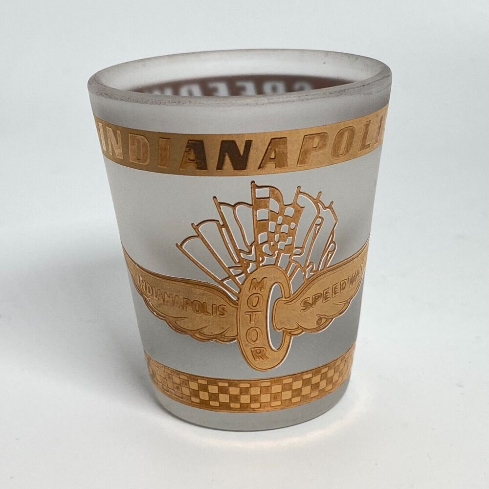 Vintage Indianapolis 500 Motor Speedway 22k Gold Frosted Shot Glass Race Car